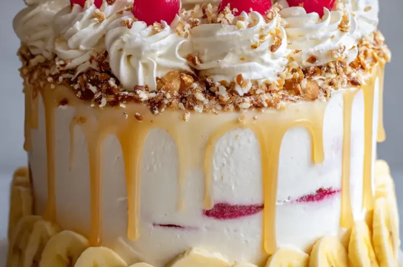 Creamy and Fruity Banana Split Cake Recipe | Easy No-Bake Dessert Idea